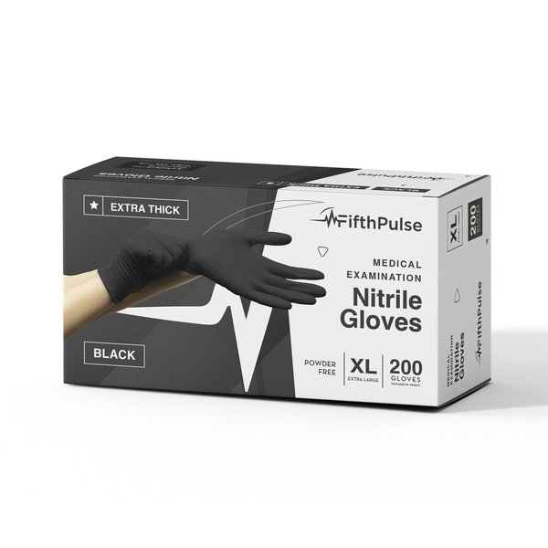 Fifthpulse FMN1004, Nitrile Disposable Gloves, 4.5 mil Palm, Nitrile, Powder-Free, XL, 200 PK, Black FP-N-200-XL-BLK-4.5